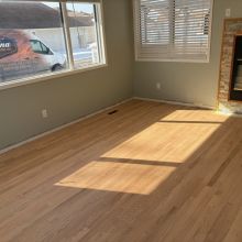 Red Oak refinished with one coat of Berger Seidle Natural White Finish and one coat of Ceramic Star finish for the bare wood look. 